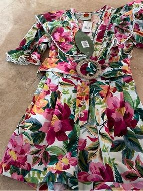 Floral Ruffle Belted romper with Farm Rio nwt XS Pink & Green Blooms